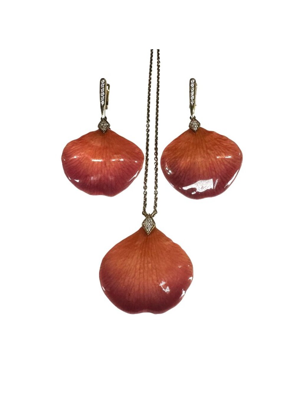 ATI 925 Thailand Sterling Silver Pink Petal Necklace & Earrings Set With Crystal